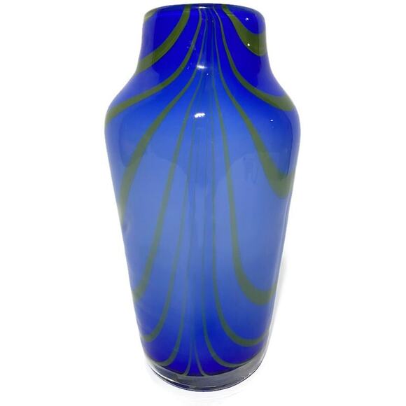 Hand-Blown Art Vase 12" Blue Body w/Swirling Green Stripes Mid-Century Modern - Picture 1 of 8
